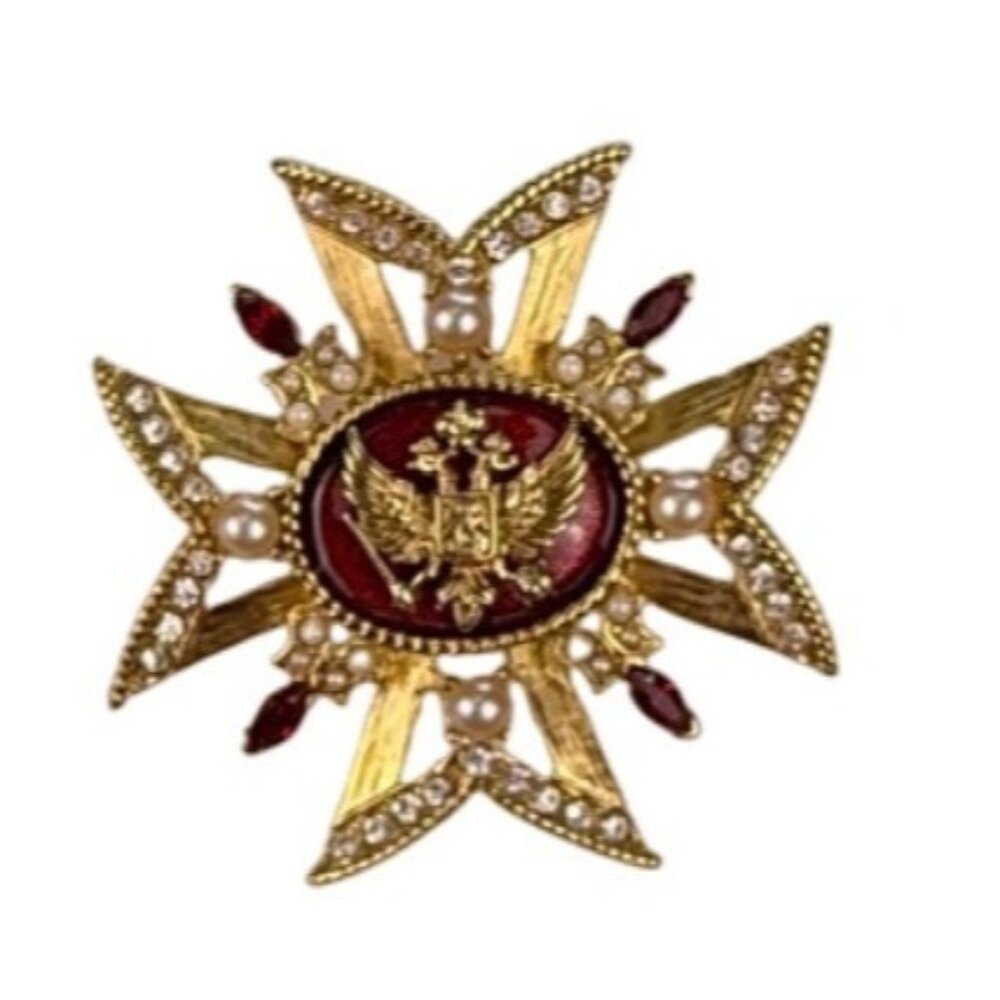 Gold Tone Red & White Faux Pearl Rhinestone Cross Lapel Pin Brooch Ornate Design